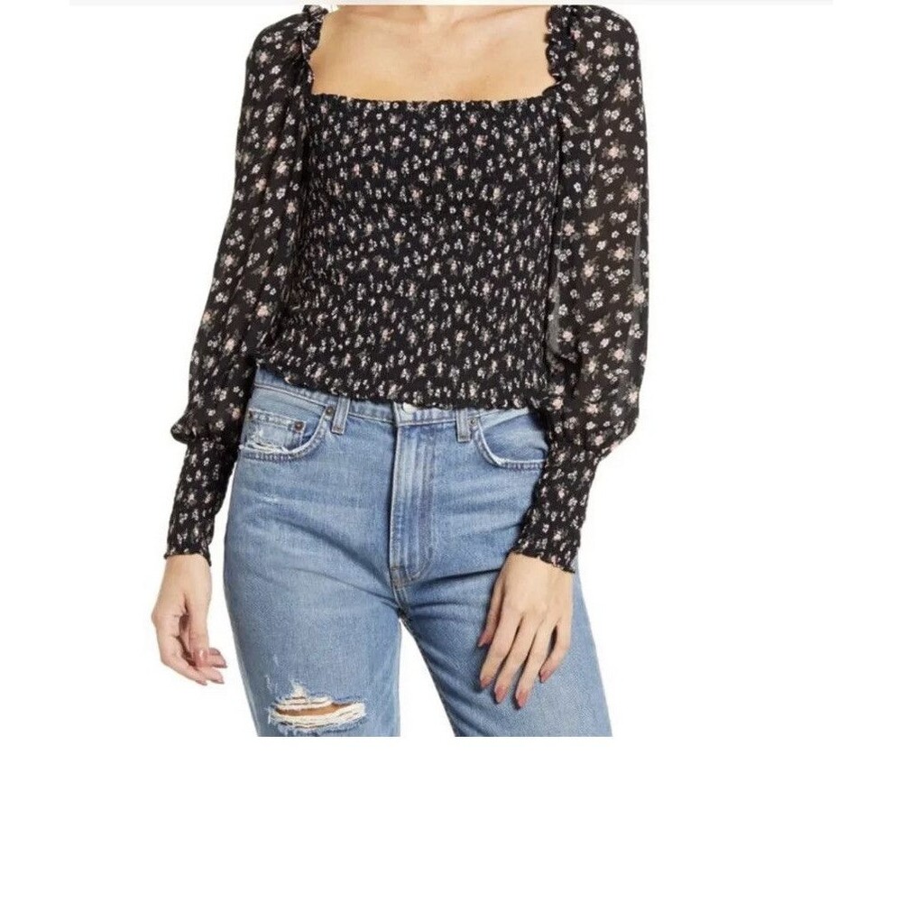 Reformation Smoked Long Sleeve Black Floral Print Square Neck Top Sz S  NWT